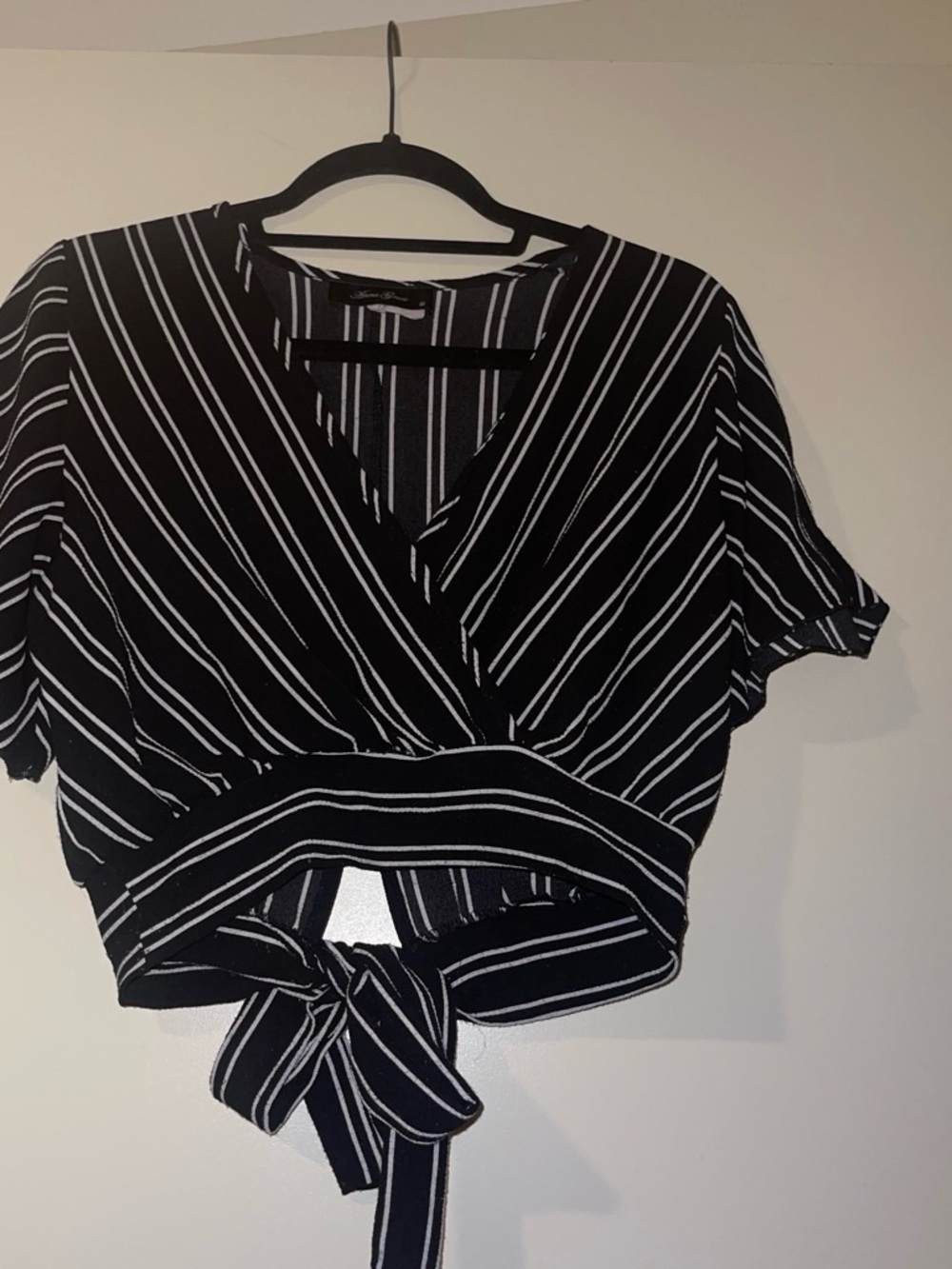 Anna Grace Black and White Striped Tie-Front Crop Top